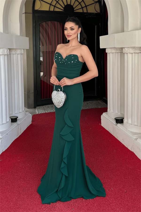 Krep Kumaş İncili Volan Detaylı Straplez Balık Elbise - ZÜMRÜT YEŞİL