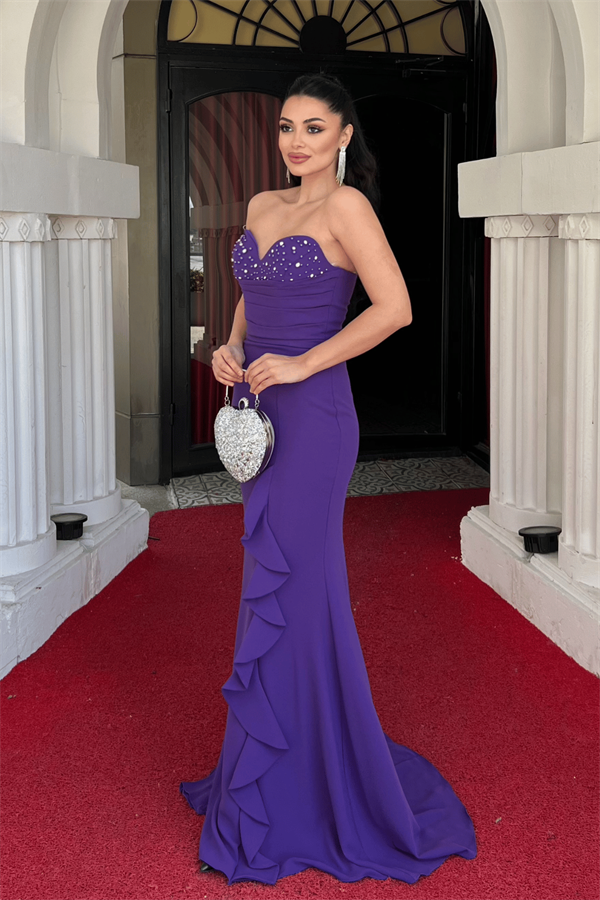 Krep Kumaş İncili Volan Detaylı Straplez Balık Elbise - MOR