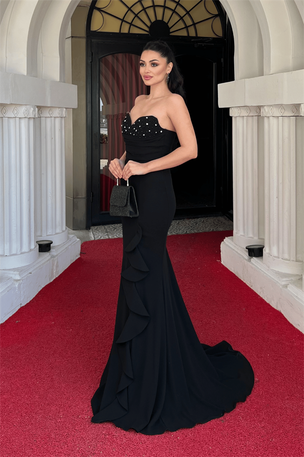 Krep Kumaş İncili Volan Detaylı Straplez Balık Elbise - SİYAH