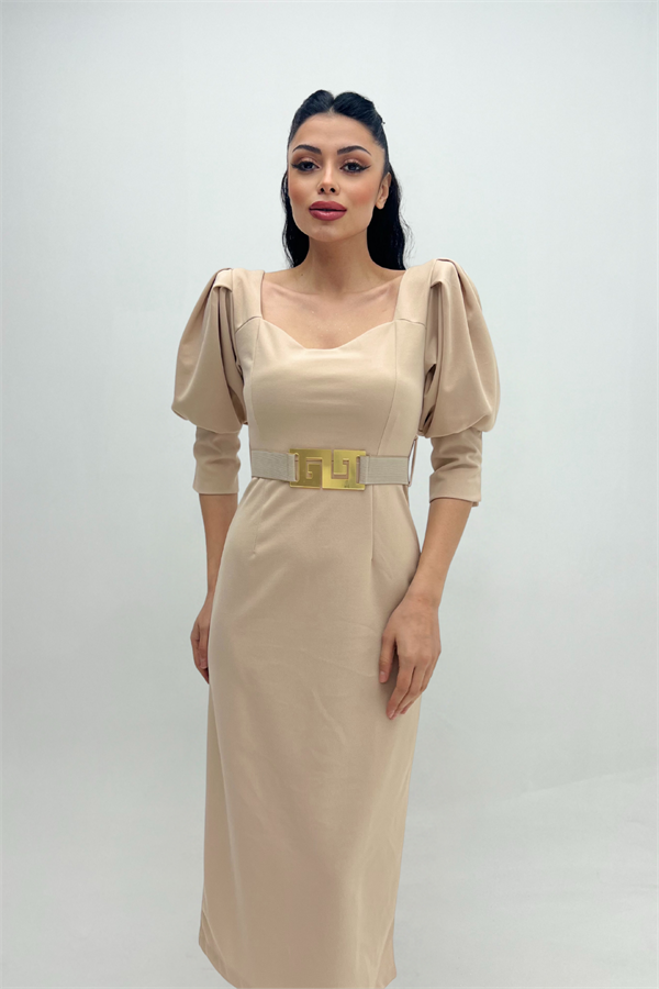Krep Kumaş Kalp Yaka Kalem Elbise - KREM