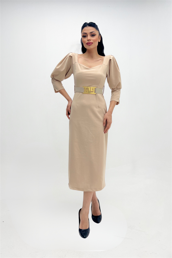 Krep Kumaş Kalp Yaka Kalem Elbise - KREM