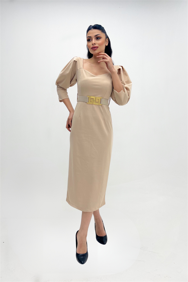 Krep Kumaş Kalp Yaka Kalem Elbise - KREM