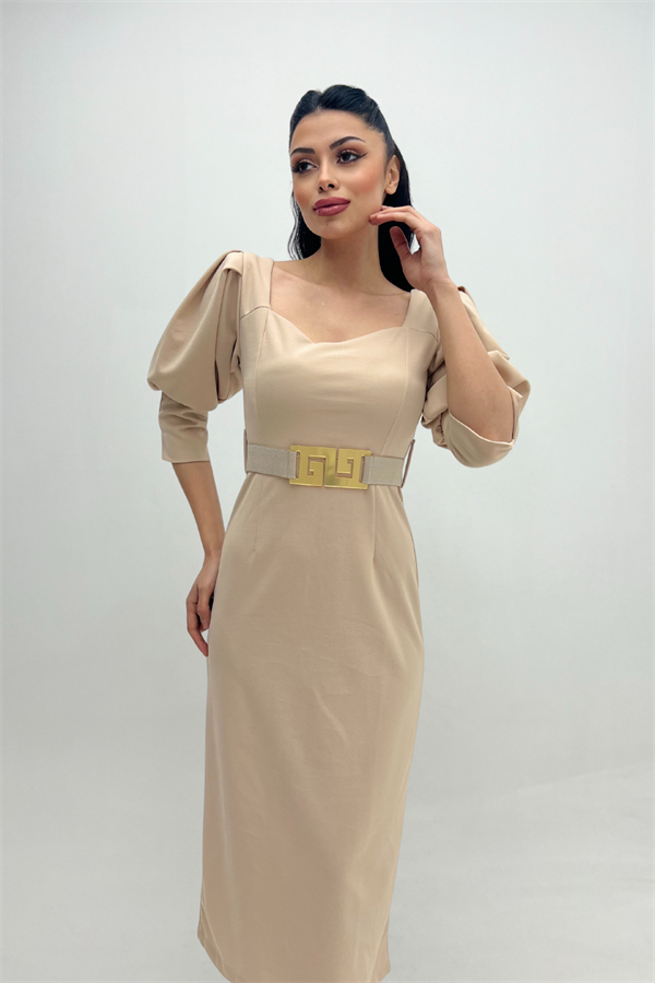 Krep Kumaş Kalp Yaka Kalem Elbise - KREM