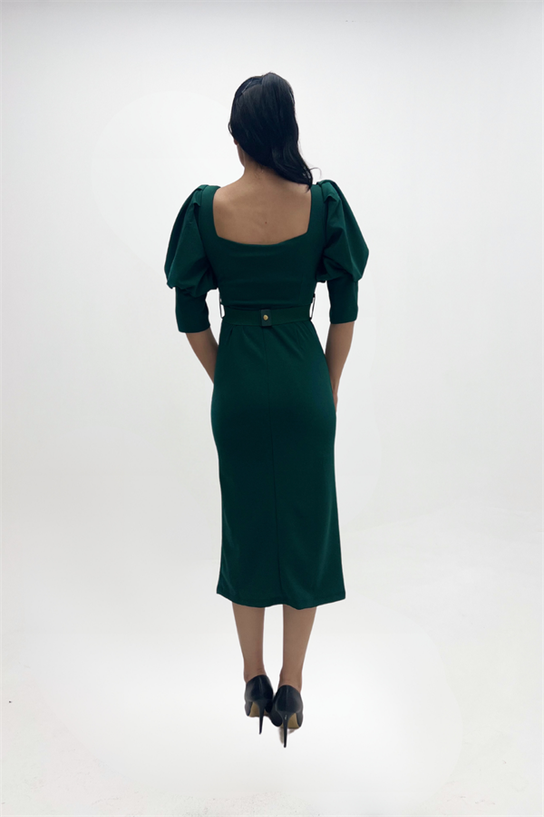 Krep Kumaş Kalp Yaka Kalem Elbise - ZÜMRÜT YEŞİL
