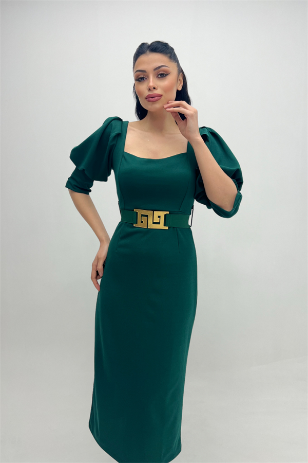 Krep Kumaş Kalp Yaka Kalem Elbise - ZÜMRÜT YEŞİL