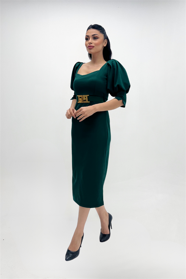 Krep Kumaş Kalp Yaka Kalem Elbise - ZÜMRÜT YEŞİL