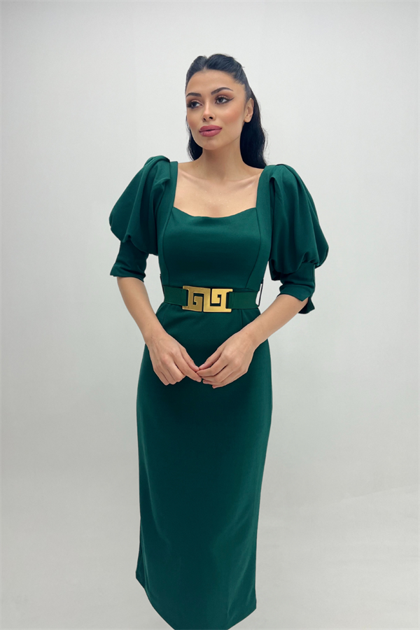 Krep Kumaş Kalp Yaka Kalem Elbise - ZÜMRÜT YEŞİL