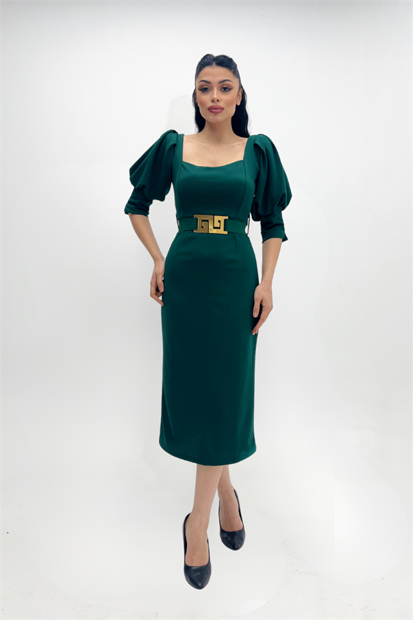 Krep Kumaş Kalp Yaka Kalem Elbise - ZÜMRÜT YEŞİL