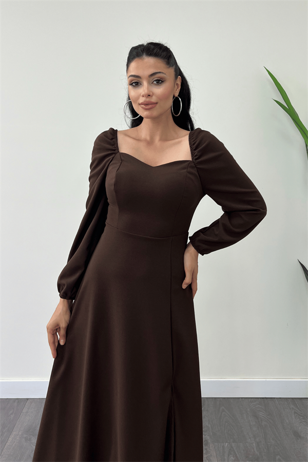 Krep Kumaş Kalp Yaka Midi Elbise - KAHVERENGİ