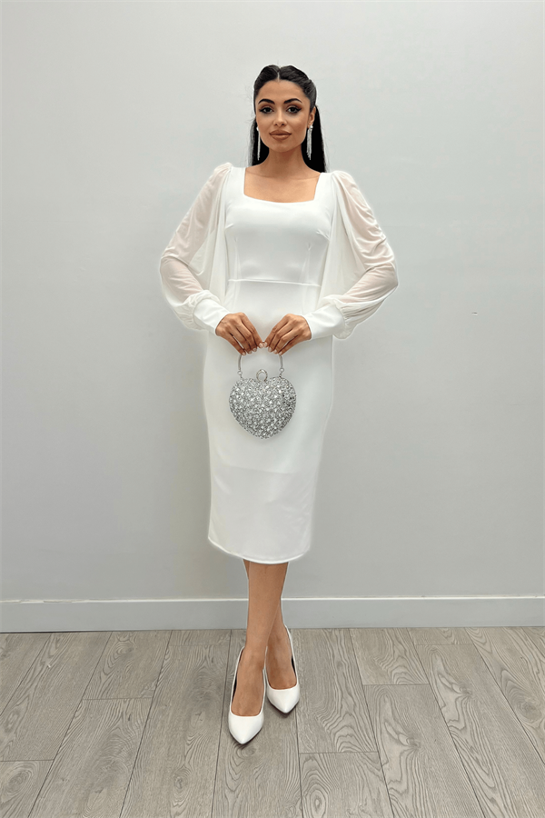 فستان من قماش الكريب بياقة مربعة - الأبيض