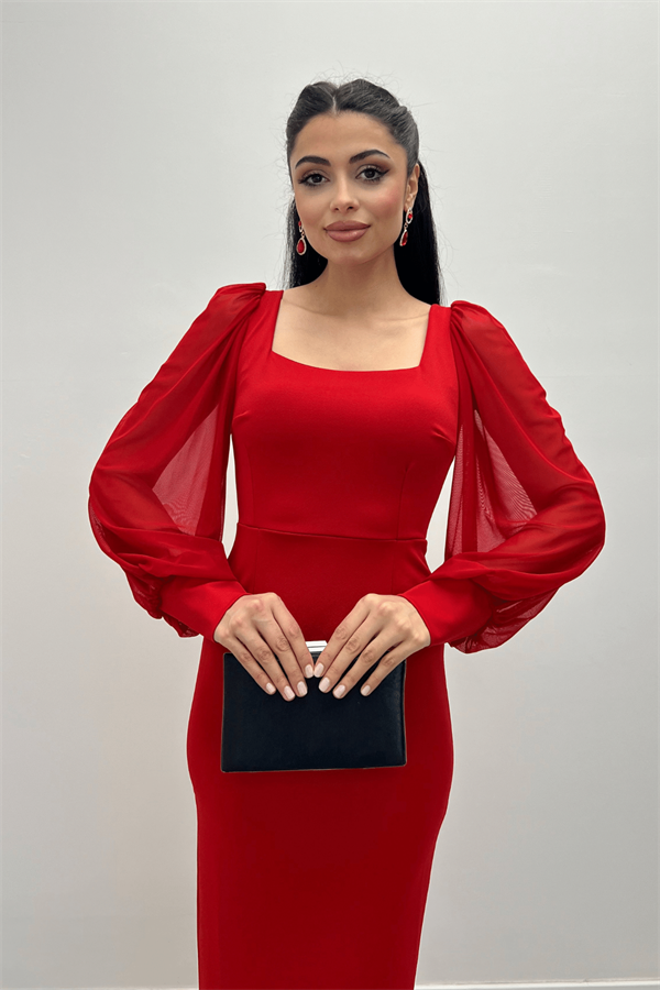 فستان من قماش الكريب بياقة مربعة - أحمر