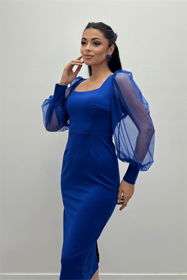 فستان من قماش الكريب بياقة مربعة - ساكس بلو