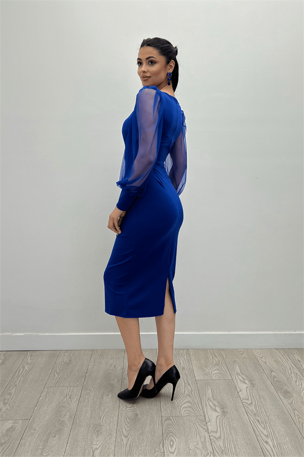 فستان من قماش الكريب بياقة مربعة - ساكس بلو