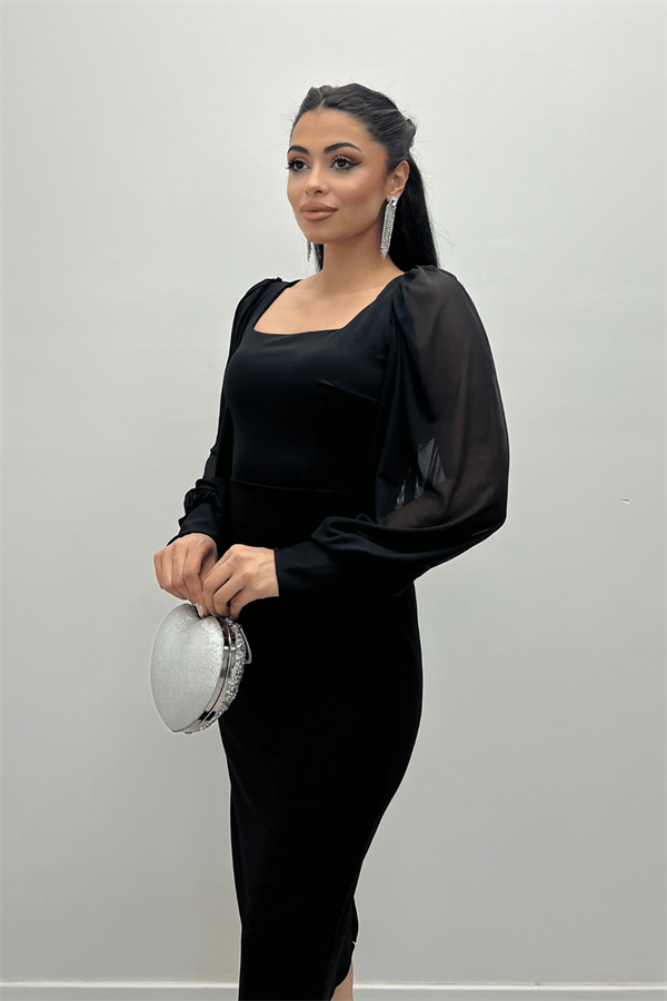 فستان من قماش الكريب بياقة مربعة - الأسود