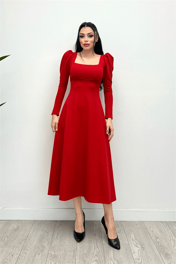 Crepe Fabric Sweetheart Neckline Midi Dress - Red