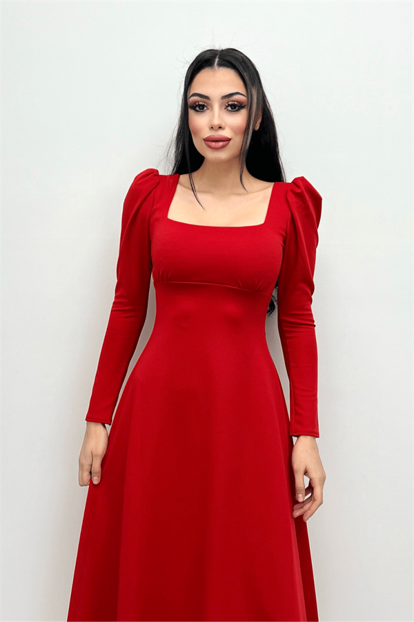 Crepe Fabric Sweetheart Neckline Midi Dress - Red