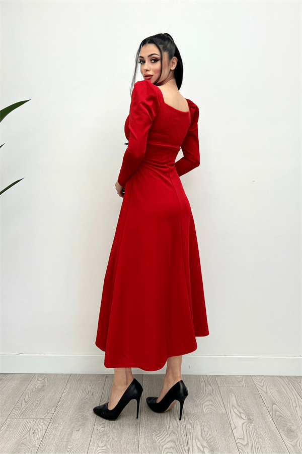 Crepe Fabric Sweetheart Neckline Midi Dress - Red