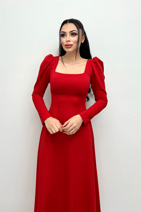 Crepe Fabric Sweetheart Neckline Midi Dress - Red