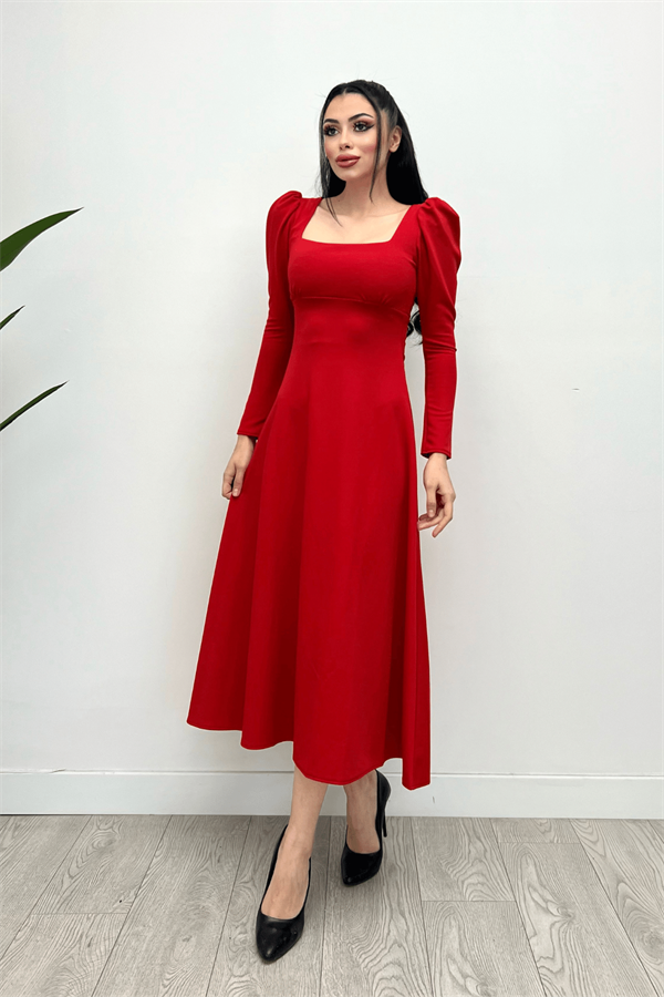 Crepe Fabric Sweetheart Neckline Midi Dress - Red