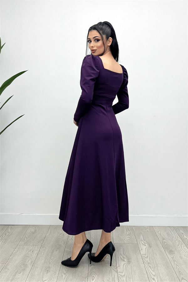 Krep Kumaş Kare Yaka Midi Elbise - Patlıcan Mor