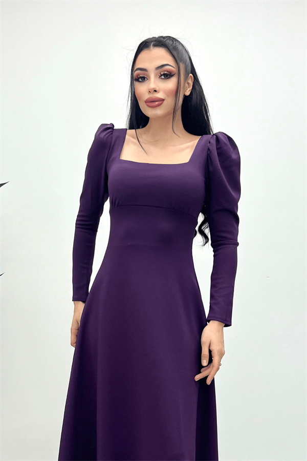 Krep Kumaş Kare Yaka Midi Elbise - Patlıcan Mor