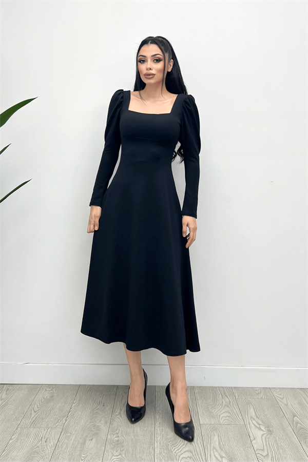 Krep Kumaş Kare Yaka Midi Elbise - SİYAH