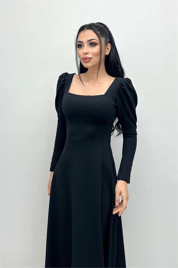 Krep Kumaş Kare Yaka Midi Elbise - SİYAH