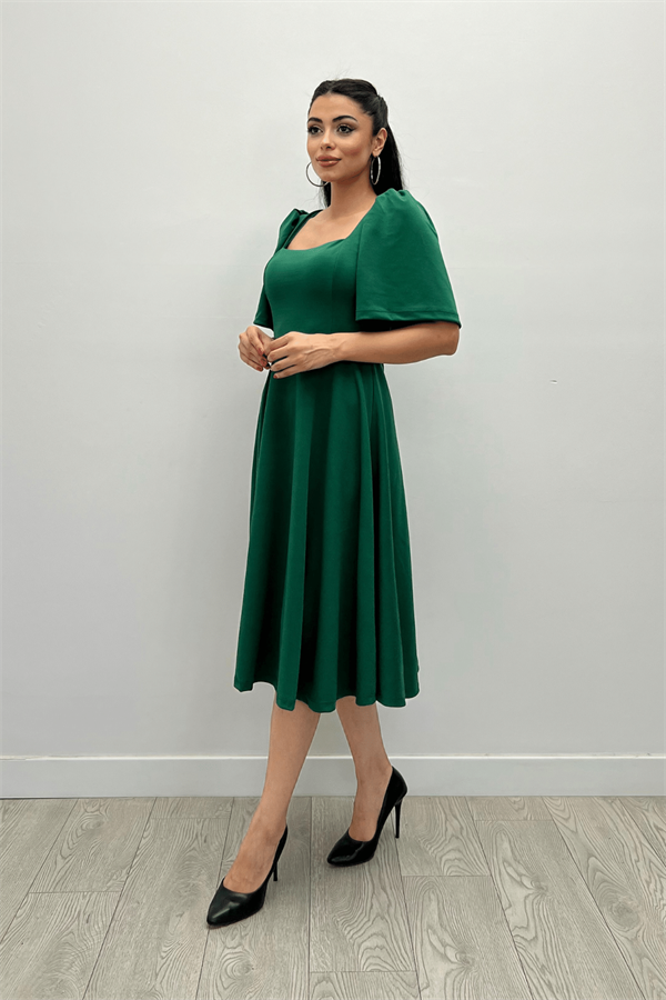 Krep Kumaş Kare Yaka Midiboy Abiye Elbise - ZÜMRÜT YEŞİL