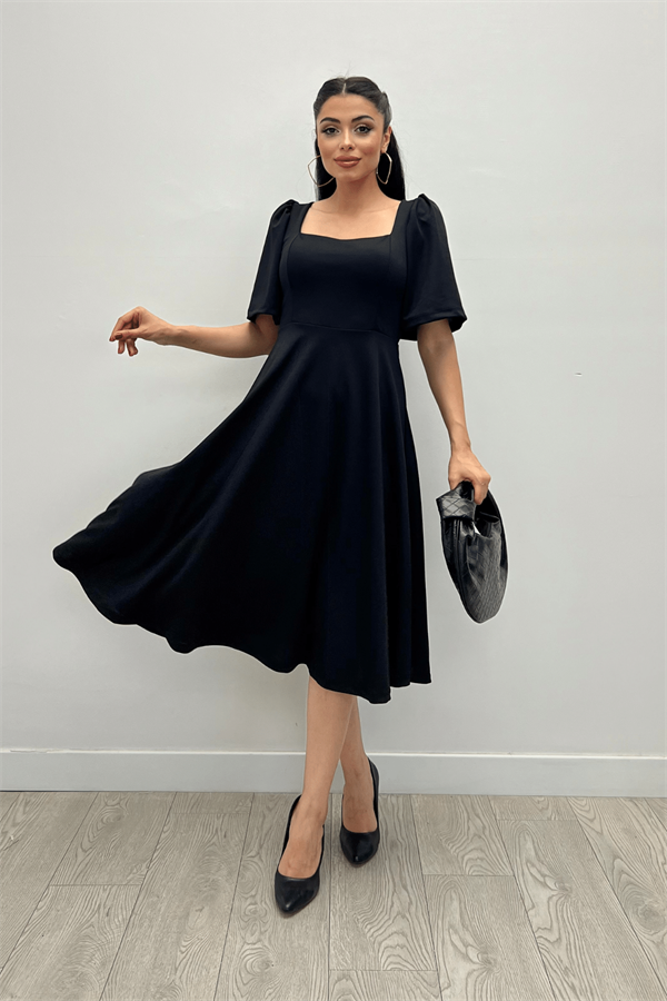 Krep Kumaş Kare Yaka Midiboy Abiye Elbise - SİYAH