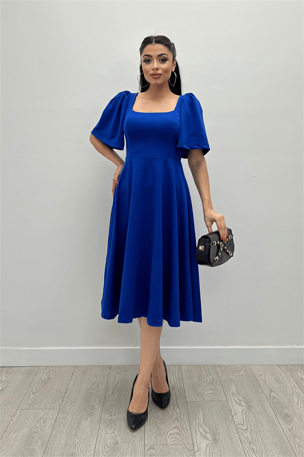 Krep Kumaş Kare Yaka Midiboy Abiye Elbise - SAKS MAVİ