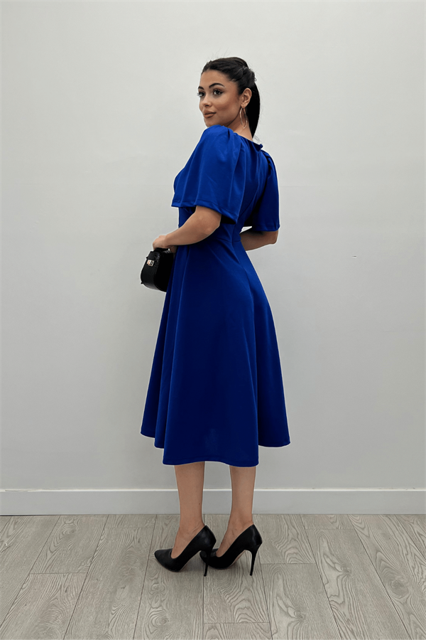 Krep Kumaş Kare Yaka Midiboy Abiye Elbise - SAKS MAVİ