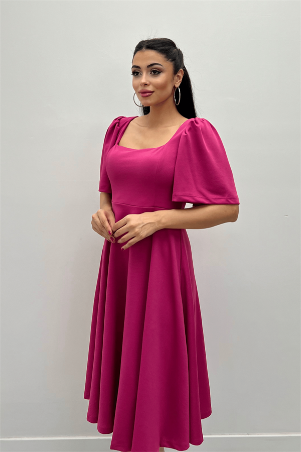 Krep Kumaş Kare Yaka Midiboy Abiye Elbise - FUŞYA