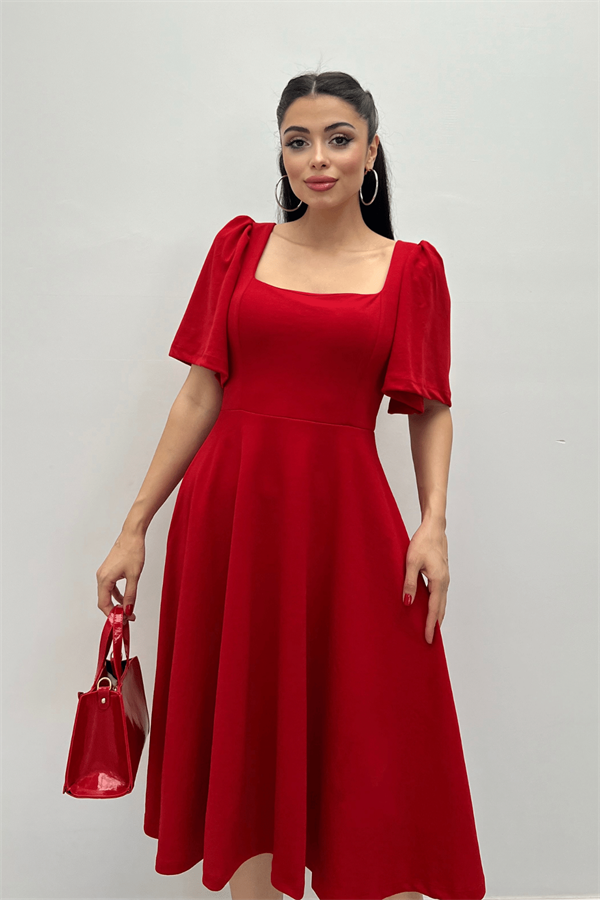 Krep Kumaş Kare Yaka Midiboy Abiye Elbise - KIRMIZI