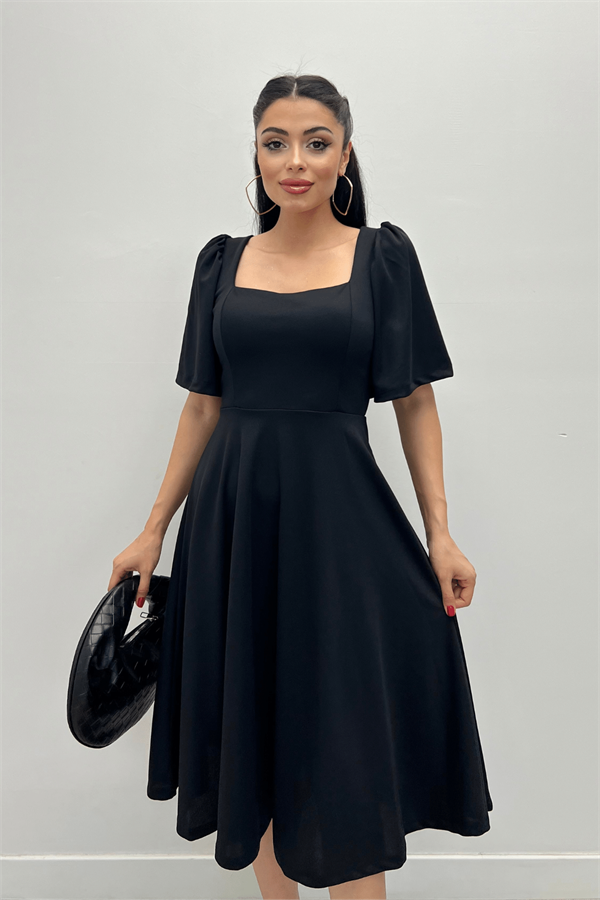 Krep Kumaş Kare Yaka Midiboy Abiye Elbise - SİYAH