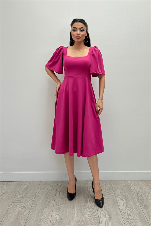 Krep Kumaş Kare Yaka Midiboy Abiye Elbise - FUŞYA