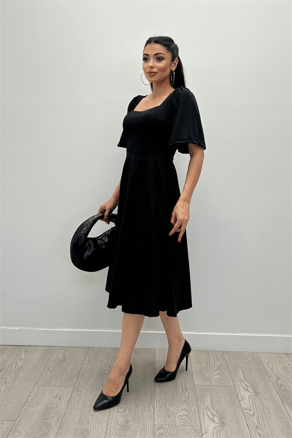 Krep Kumaş Kare Yaka Midiboy Abiye Elbise - SİYAH