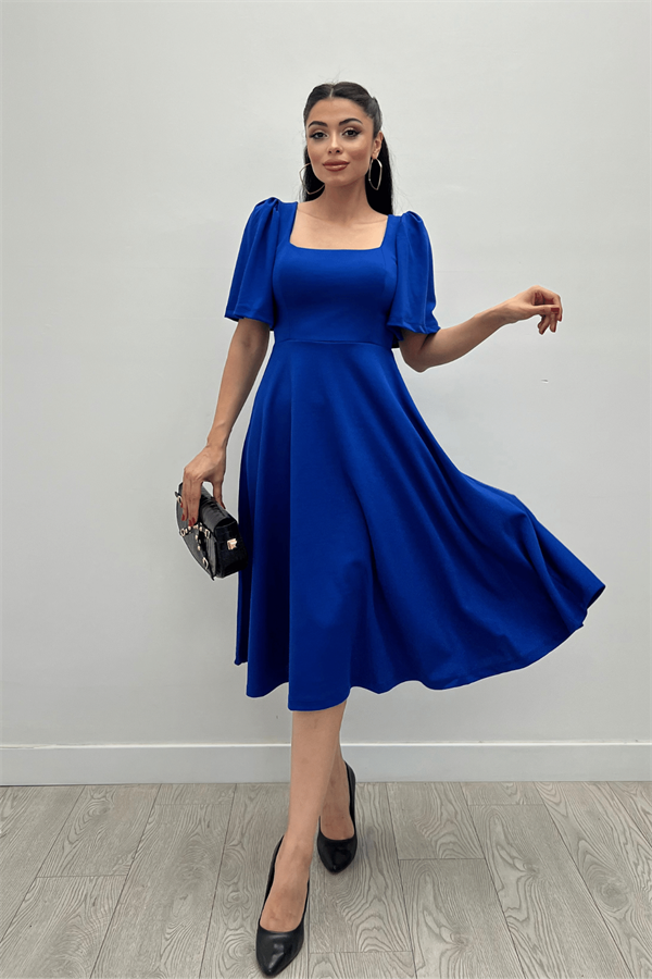 Krep Kumaş Kare Yaka Midiboy Abiye Elbise - SAKS MAVİ