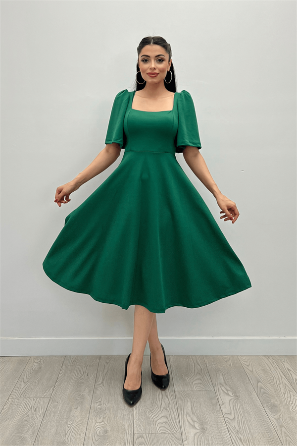 Krep Kumaş Kare Yaka Midiboy Abiye Elbise - ZÜMRÜT YEŞİL