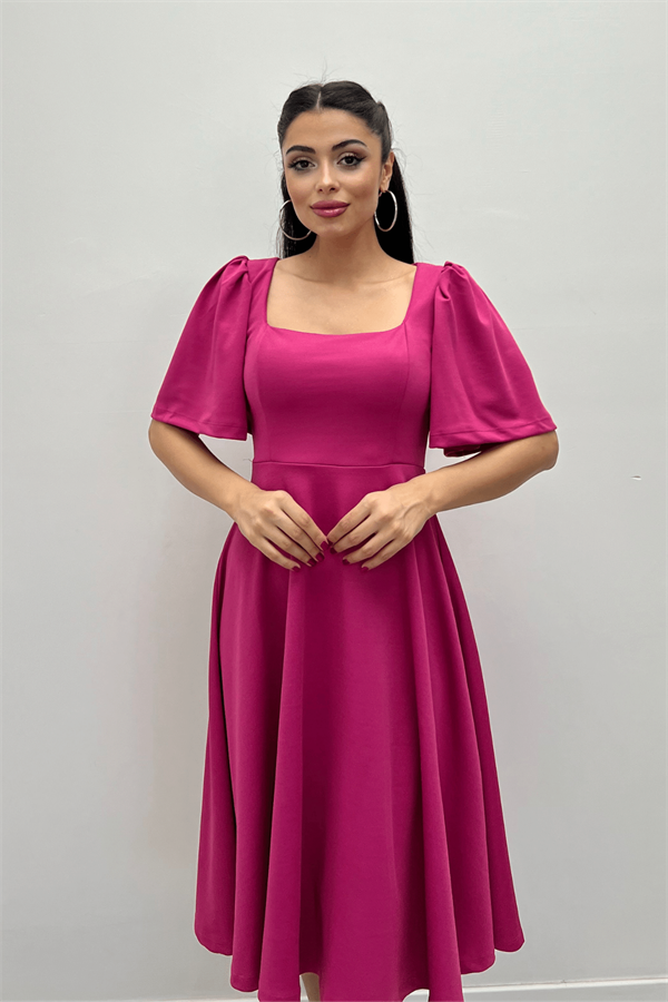 Krep Kumaş Kare Yaka Midiboy Abiye Elbise - FUŞYA