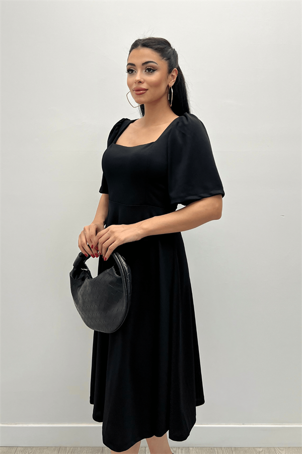 Krep Kumaş Kare Yaka Midiboy Abiye Elbise - SİYAH