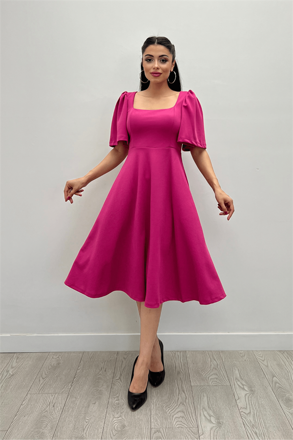 Krep Kumaş Kare Yaka Midiboy Abiye Elbise - FUŞYA