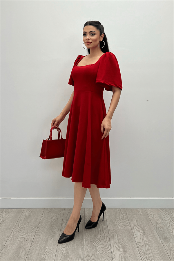 Krep Kumaş Kare Yaka Midiboy Abiye Elbise - KIRMIZI