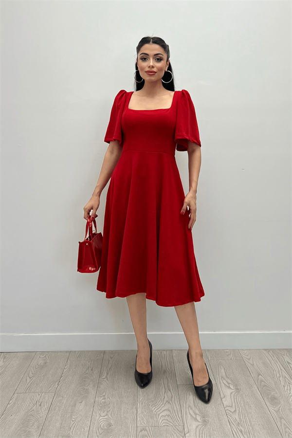 Krep Kumaş Kare Yaka Midiboy Abiye Elbise - KIRMIZI