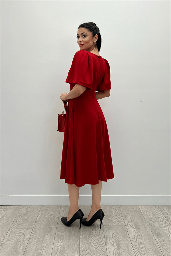 Krep Kumaş Kare Yaka Midiboy Abiye Elbise - KIRMIZI