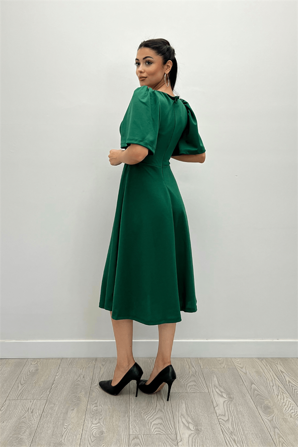 Krep Kumaş Kare Yaka Midiboy Abiye Elbise - ZÜMRÜT YEŞİL