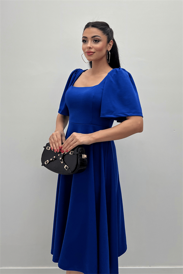 Krep Kumaş Kare Yaka Midiboy Abiye Elbise - SAKS MAVİ