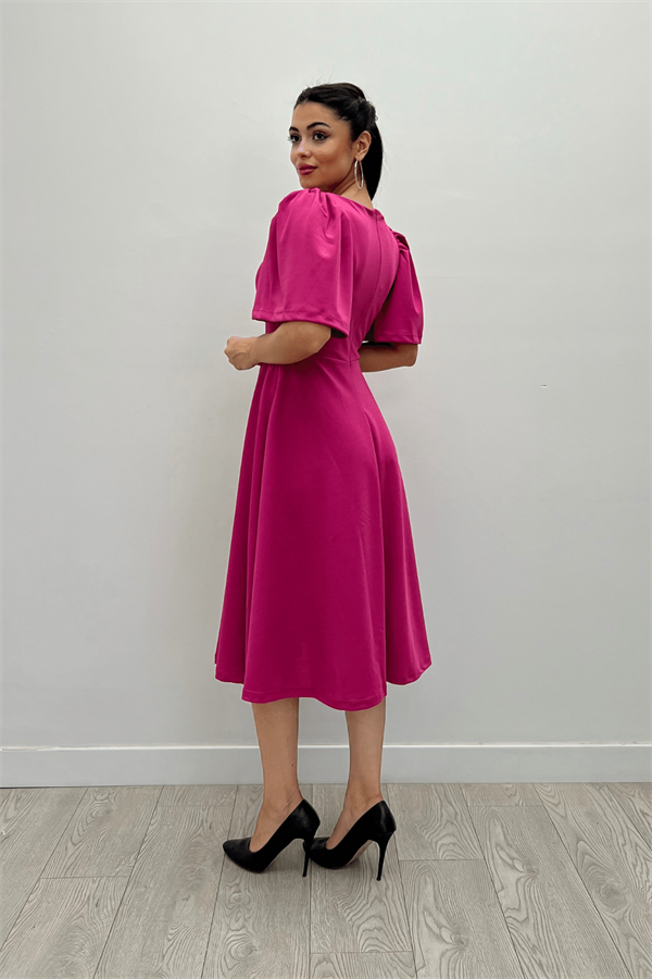 Krep Kumaş Kare Yaka Midiboy Abiye Elbise - FUŞYA