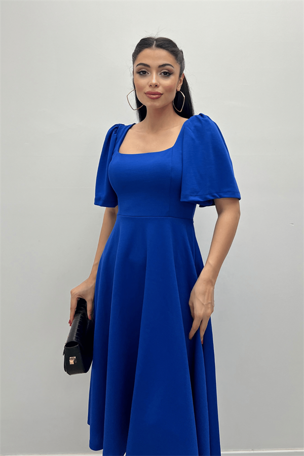 Krep Kumaş Kare Yaka Midiboy Abiye Elbise - SAKS MAVİ