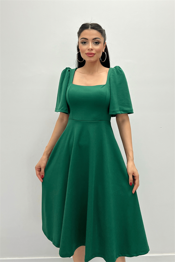 Krep Kumaş Kare Yaka Midiboy Abiye Elbise - ZÜMRÜT YEŞİL