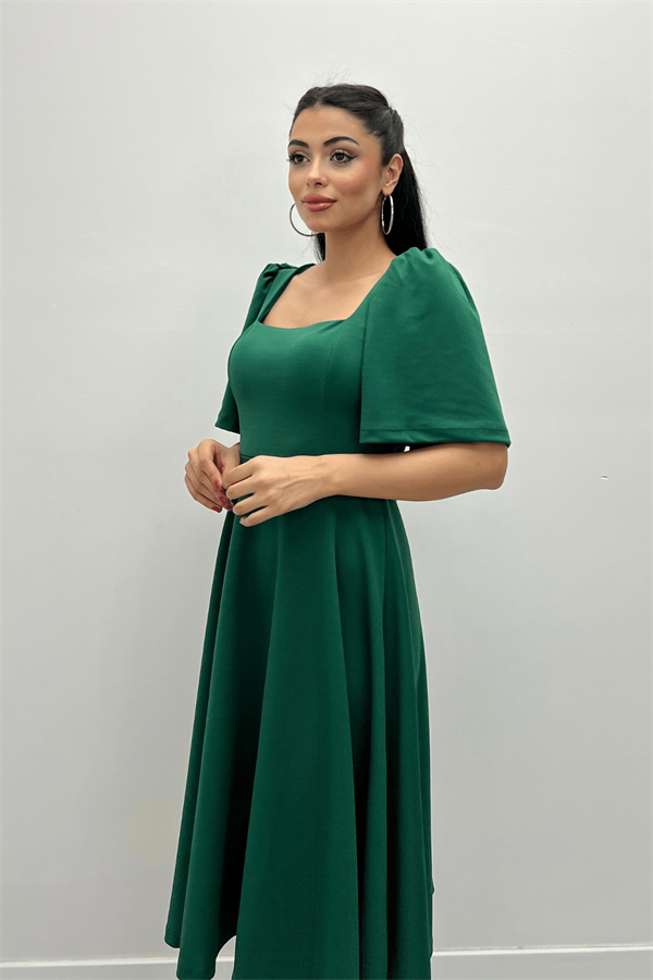 Krep Kumaş Kare Yaka Midiboy Abiye Elbise - ZÜMRÜT YEŞİL